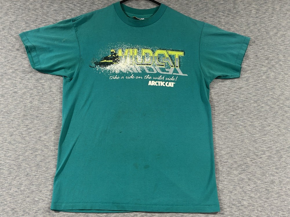 Arctic Cat Wildcat Shirt Large Teal Vintage Distressed Stain Single Stitch 90s