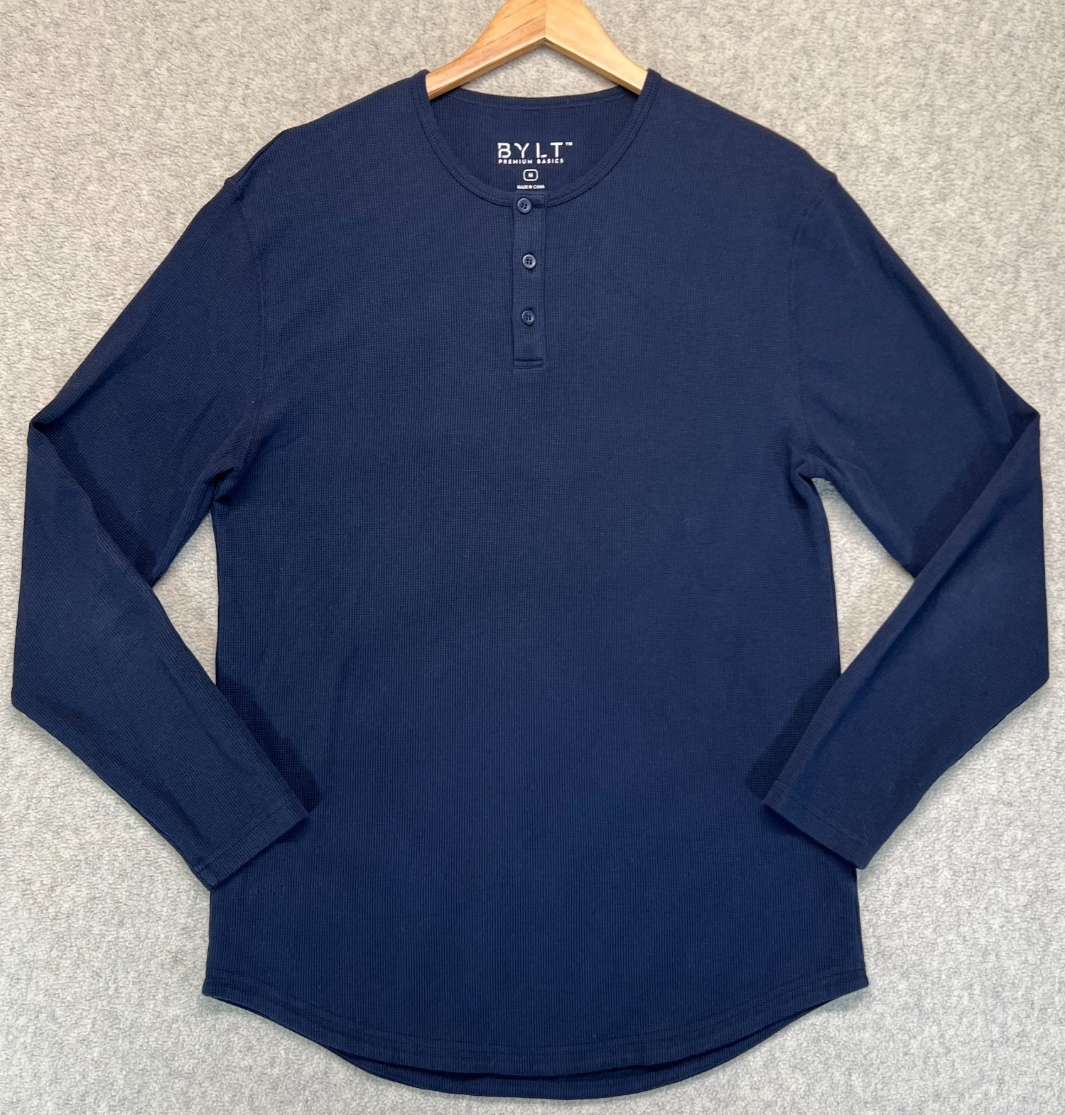 BYLT Mens Henley Shirt Tee Top Drop Cut Long Sleeve Navy Blue Outdoor Size M