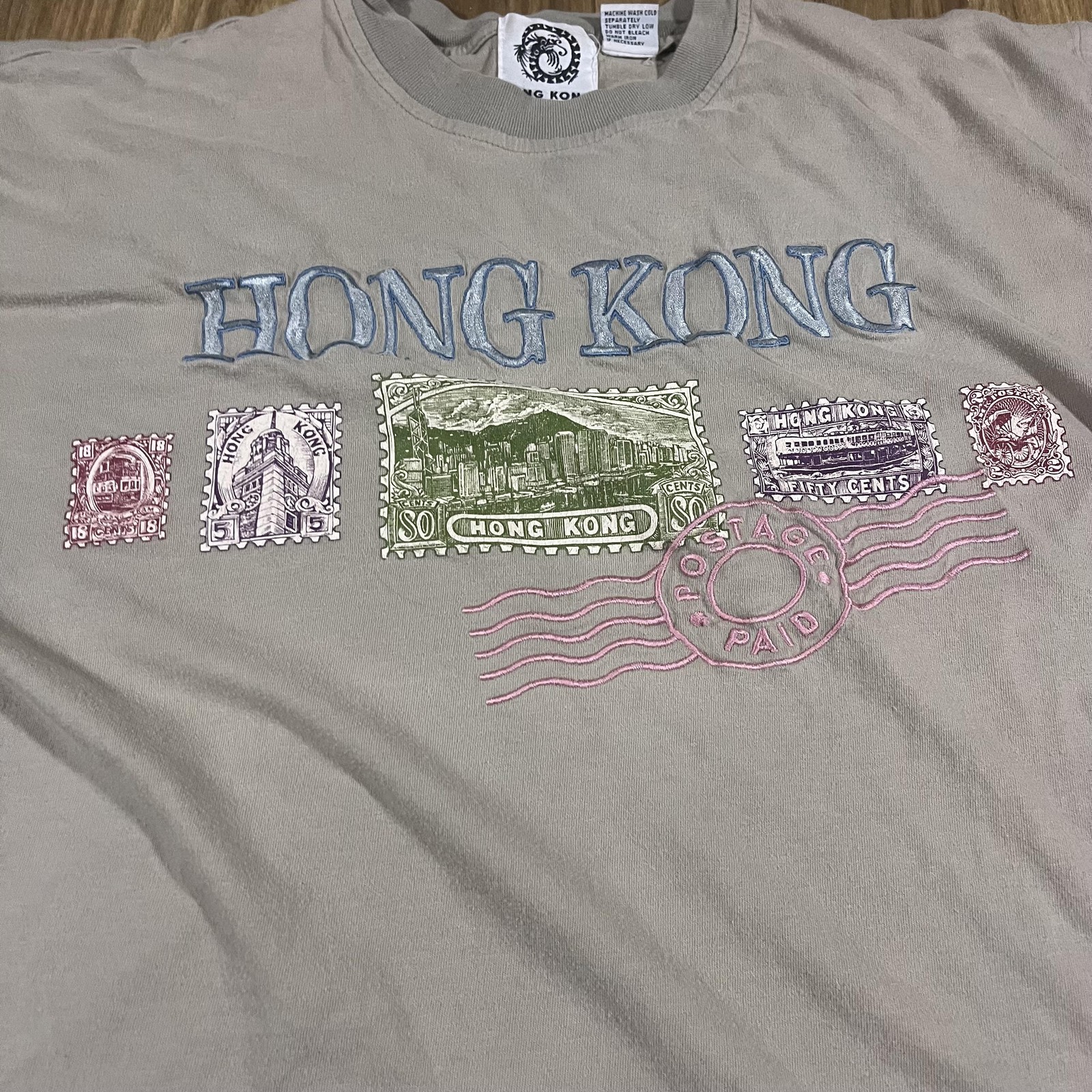 Vintage Hong Kong Shirt Mens XL Beige Embroidered Stamp Graphic Tourist Tee 90s gallery