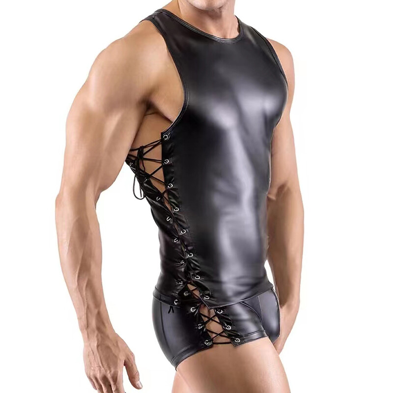 Men's PVC Leather Sleeveless T-shirts Vests Tops Lace-up Zipper Shorts Clubwear gallery