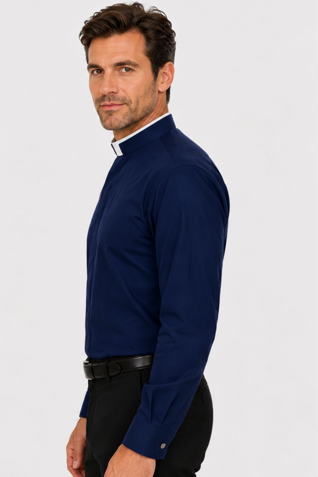 Men's Navy Clergy Shirt Roman Collar Long Sleeve Pastor Priest Church Wear gallery