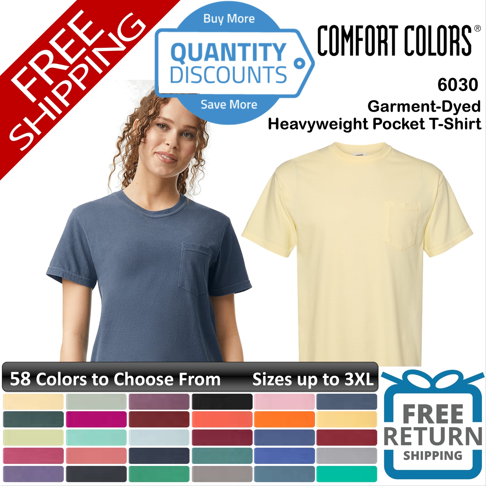 Comfort Colors Men Garment-Dyed Heavyweight Pocket T-Shirt Up To 3XL 6030b