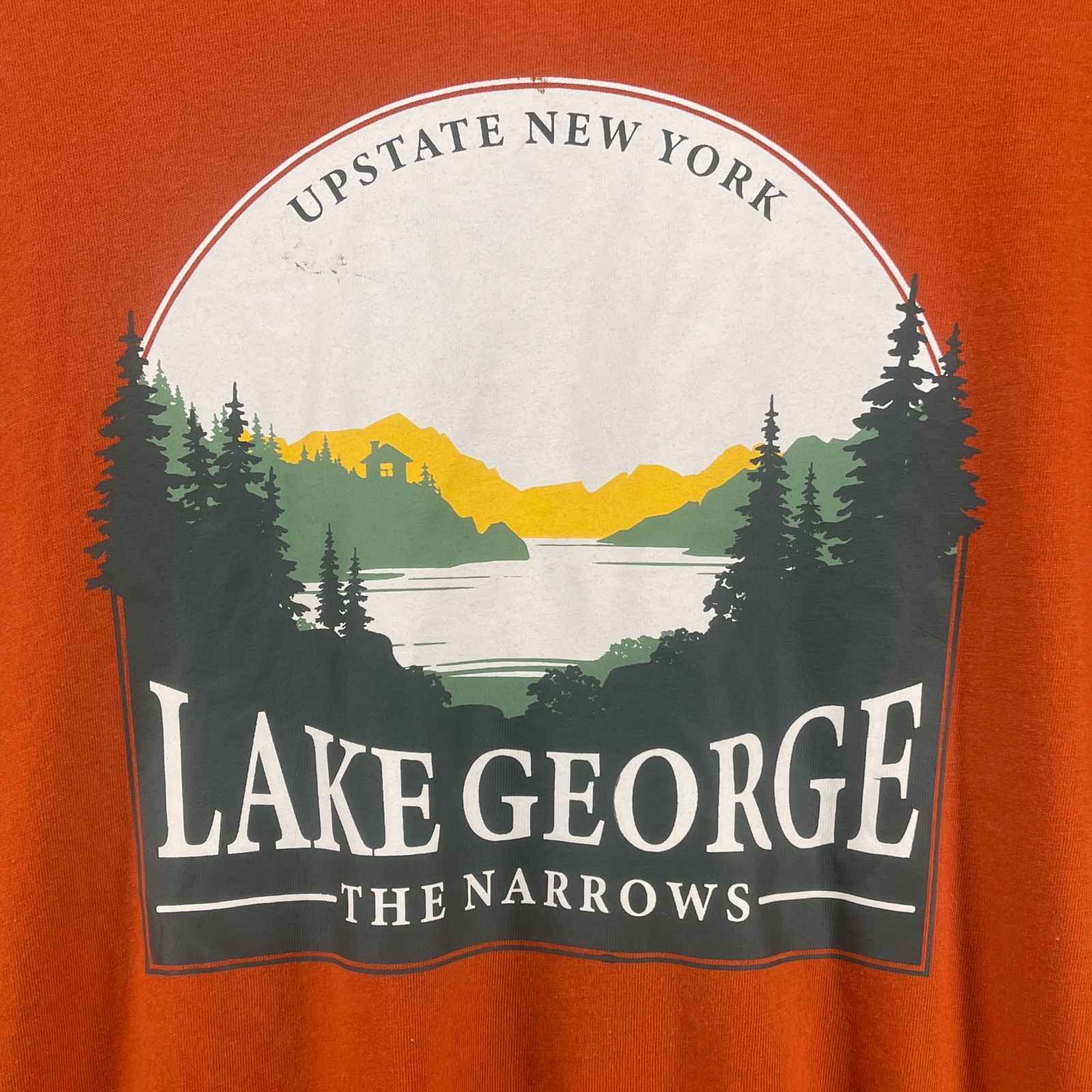 ST JOHNS BAY Shirt Mens L Lake George The Narrows NY Glen Island Outdoor Orange gallery