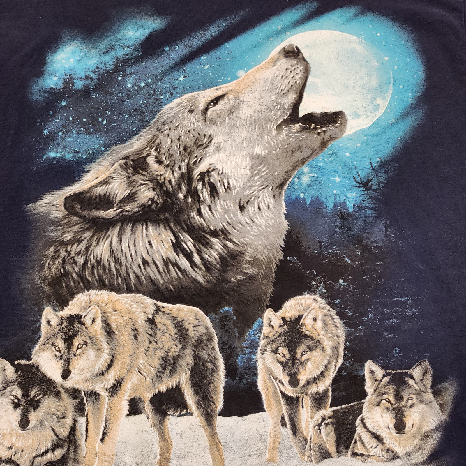Anvil Heavy Cotton Mens Shirt Large Howling Wolf Moon Wolf Pack Graphic Tee Blue