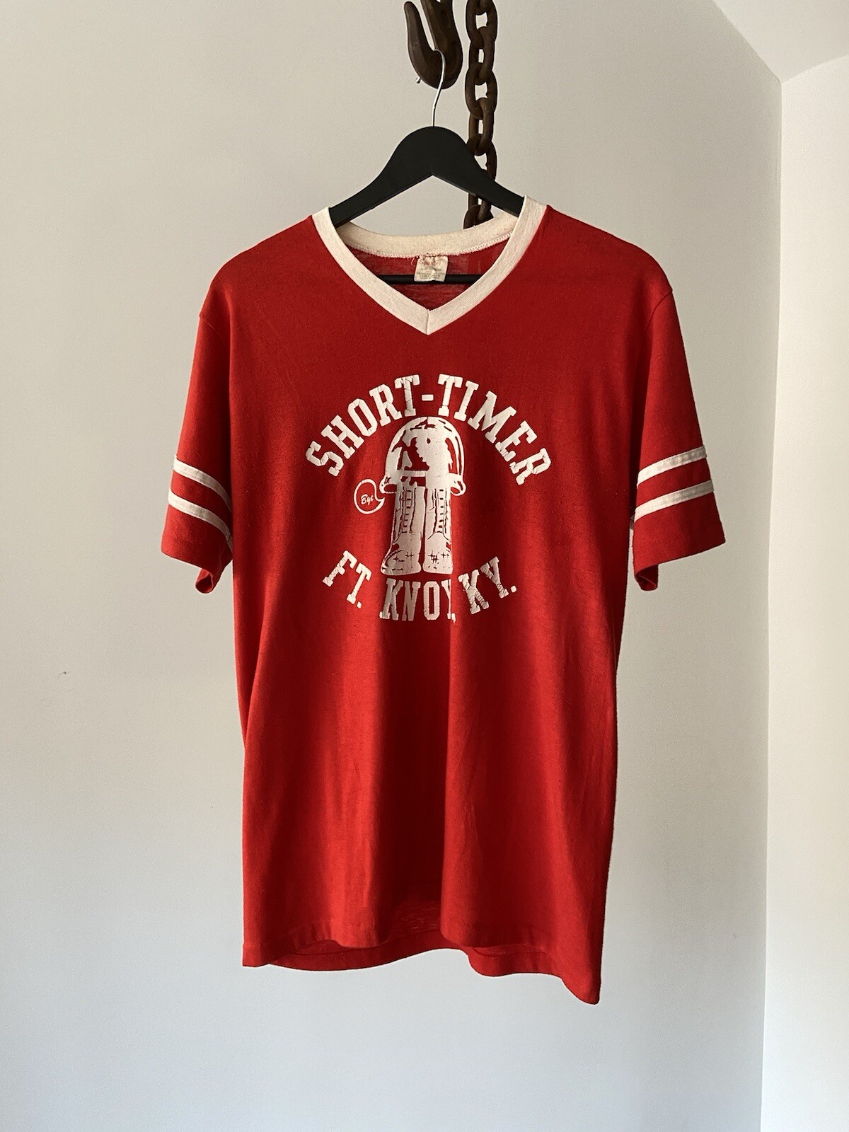VTG 80s Short Timer Ft. Knox KY Graphic Ringer Red T-Shirt Sport-T Steeman USA