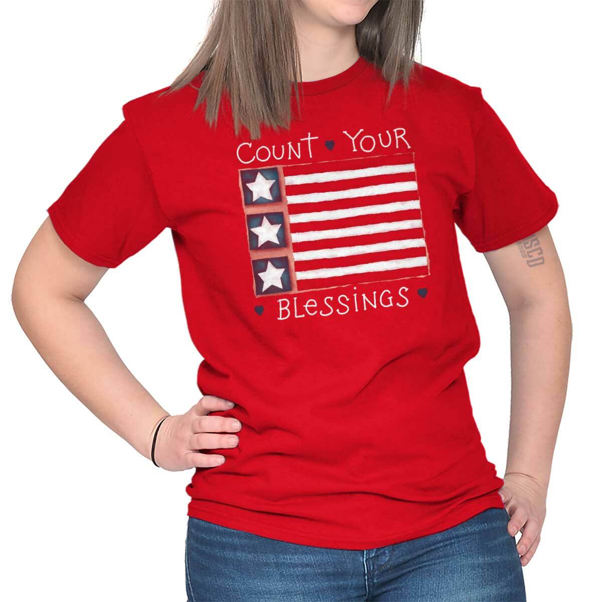 Count Your Blessings American Flag USA Christ Womens Short Sleeve Crewneck Tee