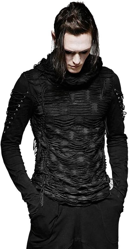 Punk Rave Hooded Double Layer Distressed Long Sleeve Shirt Black L-2XL