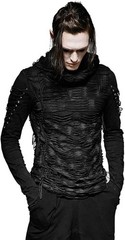 Punk Rave Hooded Double Layer Distressed Long Sleeve Shirt Black L-2XL