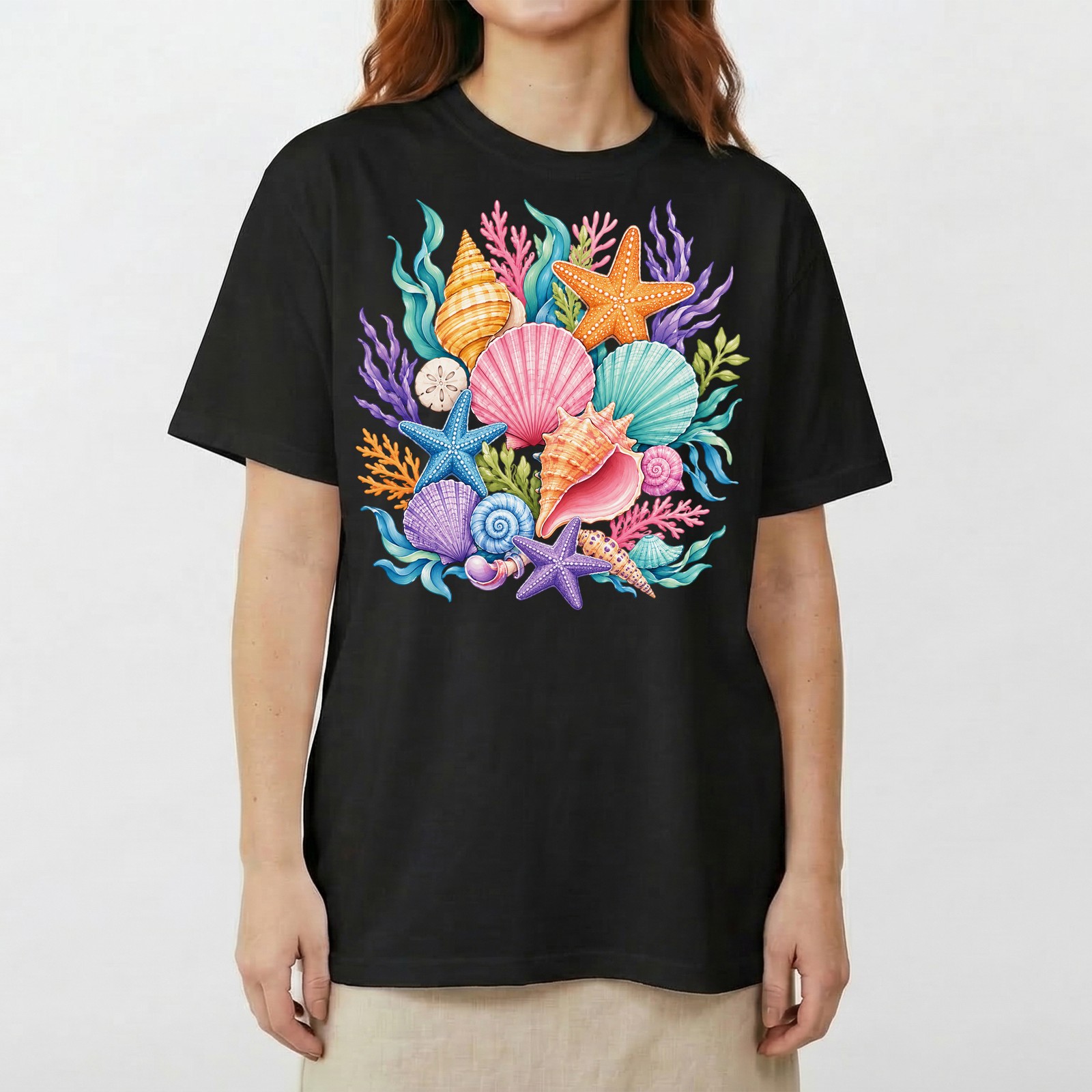 Colorful Seashells Coral Starfish T-Shirt Ocean Beach Summer Tee gallery
