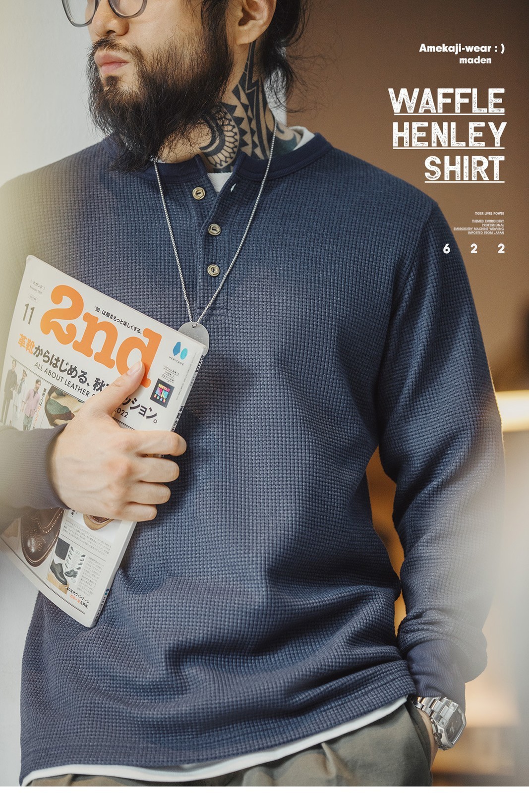 Maden Mens Amekaji Pure Color Long Sleeve Shirt Vintage Waffle Henley Tee-Shirts gallery