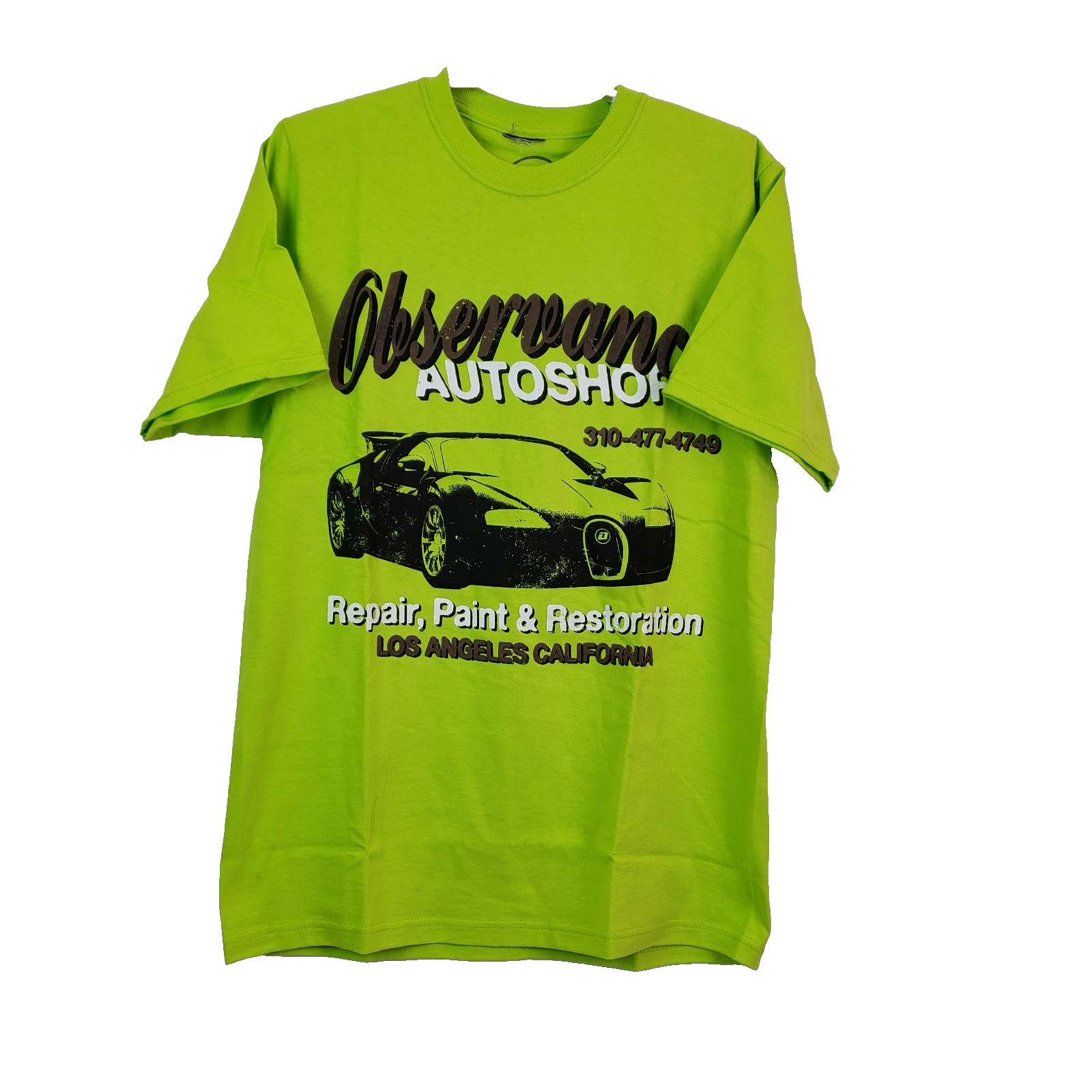 Unbranded Mens Sz S Lime Green Short Sleeve Graphic Observance Autoshop T-Shirt
