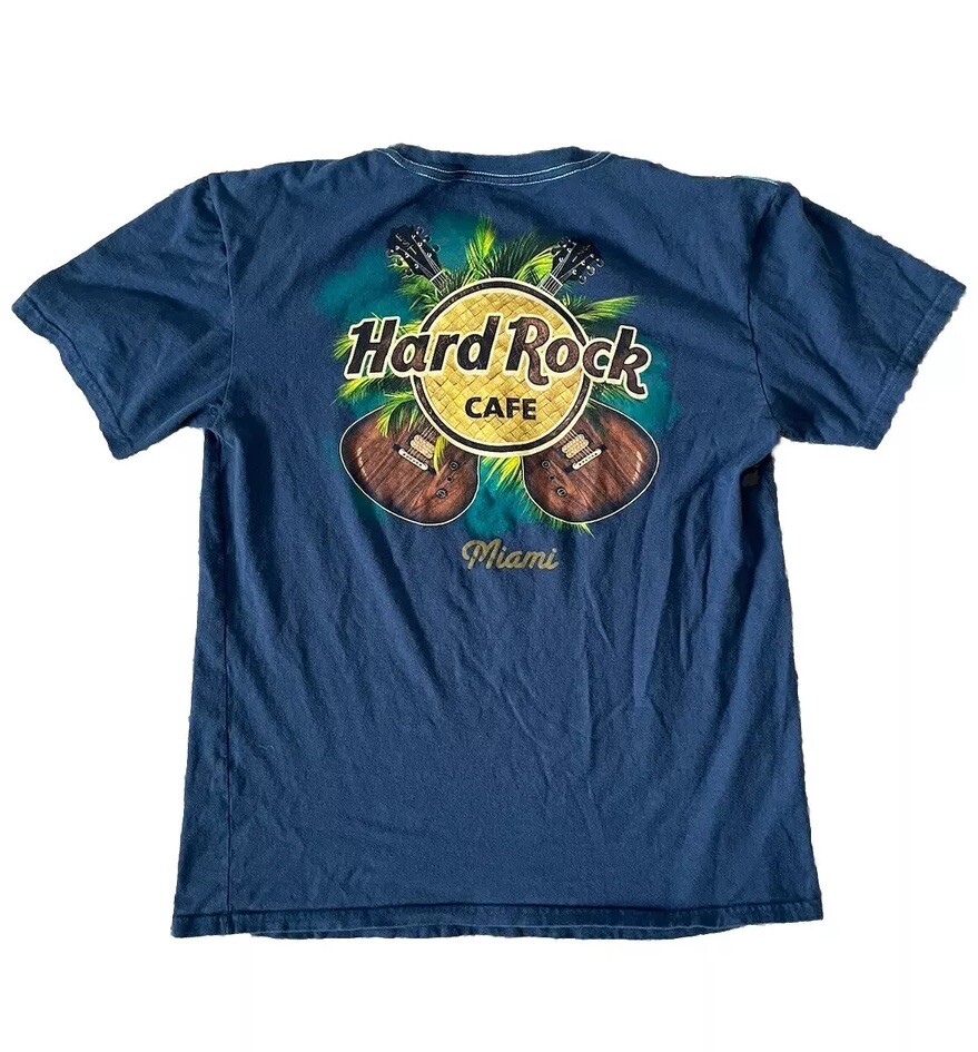 Hard Rock Cafe Miami Graphic T-Shirt Men’s Large Blue Guitar Vintage Style