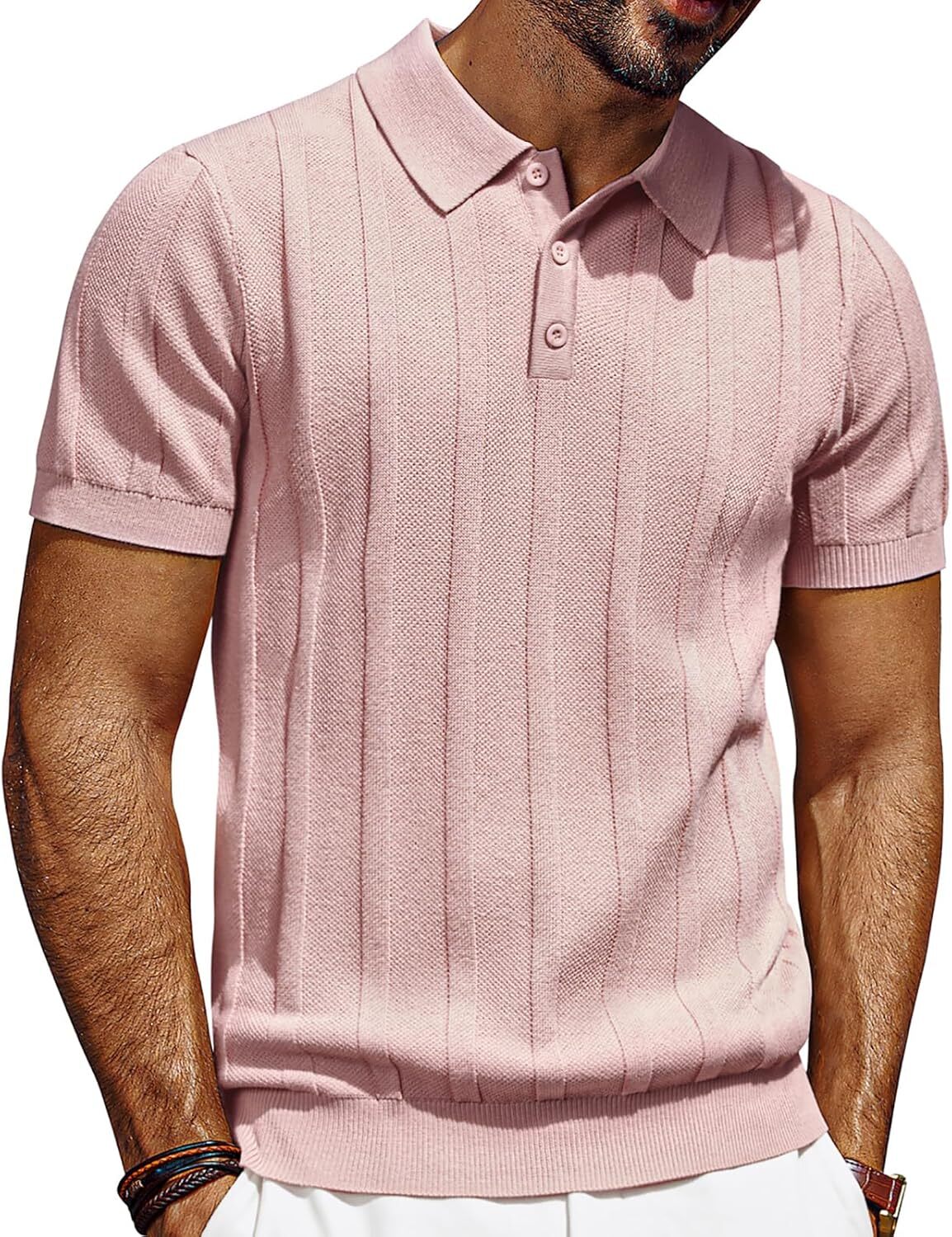 Mens Short Sleeve Polo Shirt Textured Knit Ribbed Casual Golf Style Soft Comfort gallery