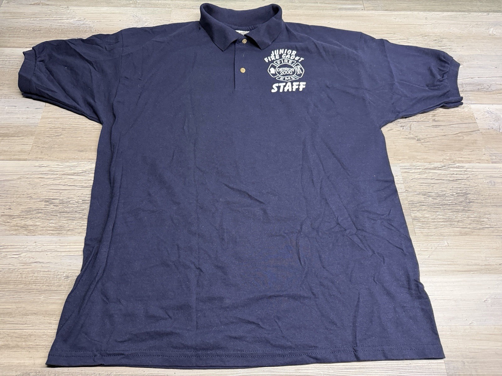 Vintage Detroit Fire Department Junior Cadet Polo Shirt Mens Size XL Blue