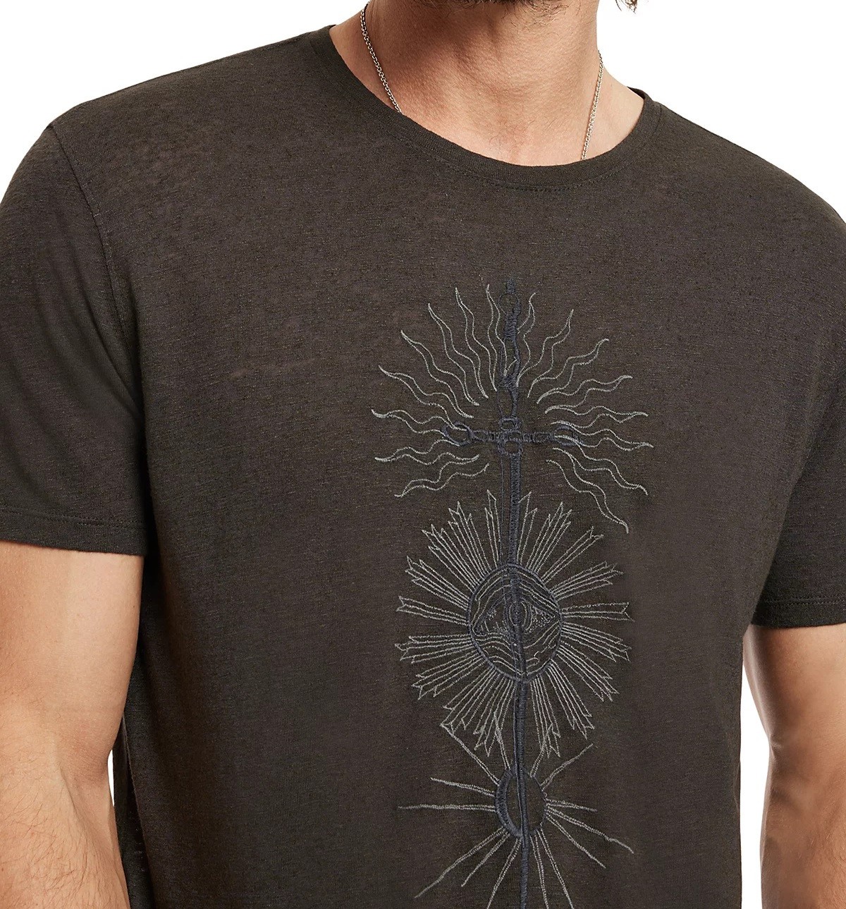 John Varvatos Men's Dagger Sun Rays Embroidered T-Shirt Linen Modal Carbon Grey gallery