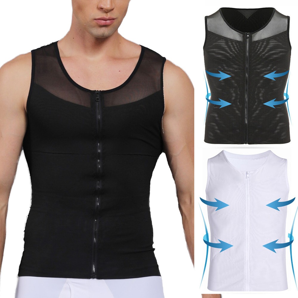 Mens Gynecomastia Moobs Belly Compression Shirt Zipper Slimming Body Shaper Vest