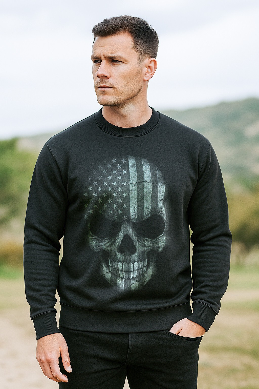 USA Skull Sweatshirt | Distressed American Flag Skull | Unisex Warm Crewneck gallery