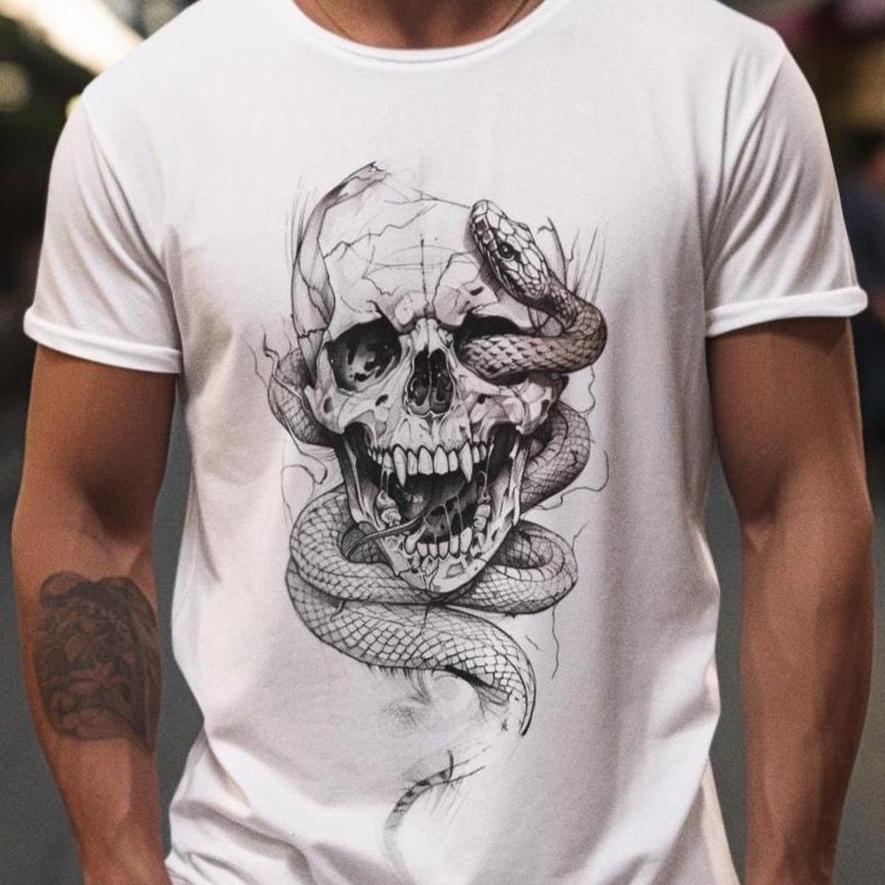 #26 Gothic Skull T-Shirt – Detailed Monochrome Skull with Swirling Smoke and Sku