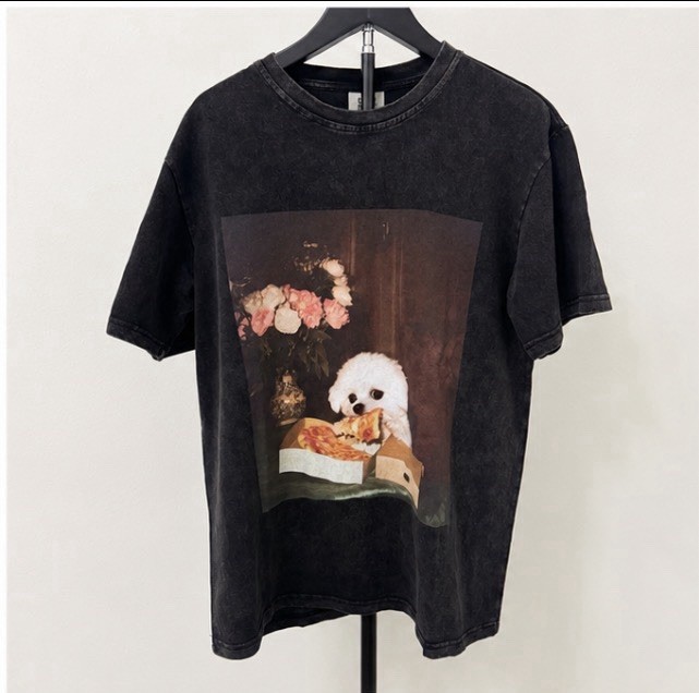 Comfort Colors Graphic T-Shirt Mens Medium Black Acid Wash Dog Eating Pizza M