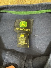 JOHN DEERE Leather Logo Long Sleeve T-Shirt L Henley Button Up 100% Cotton Blue