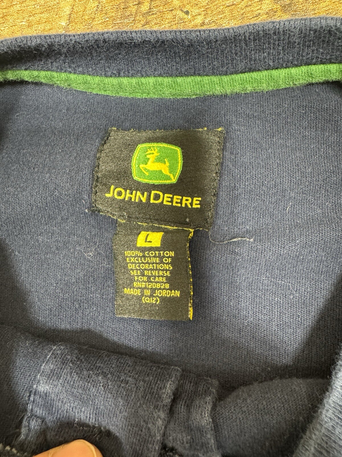 JOHN DEERE Leather Logo Long Sleeve T-Shirt L Henley Button Up 100% Cotton Blue gallery