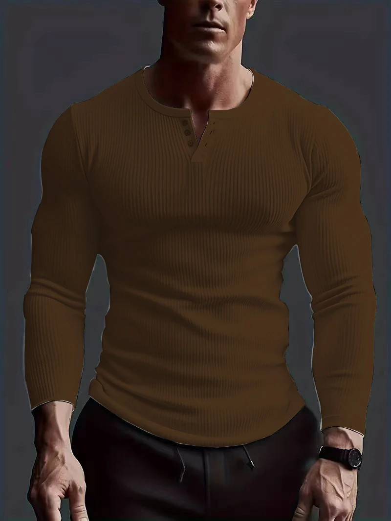 AMen's Collarless Breasted Henry Shirt Top Fitness High Stretch Base Shirt gallery