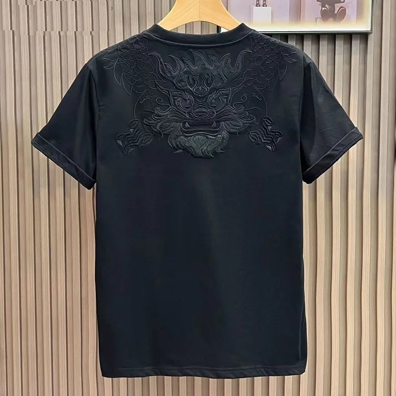 Men's Dragon Embroidery T-Shirt Casual Short Sleeve Cotton Hip Hop Tee Top gallery