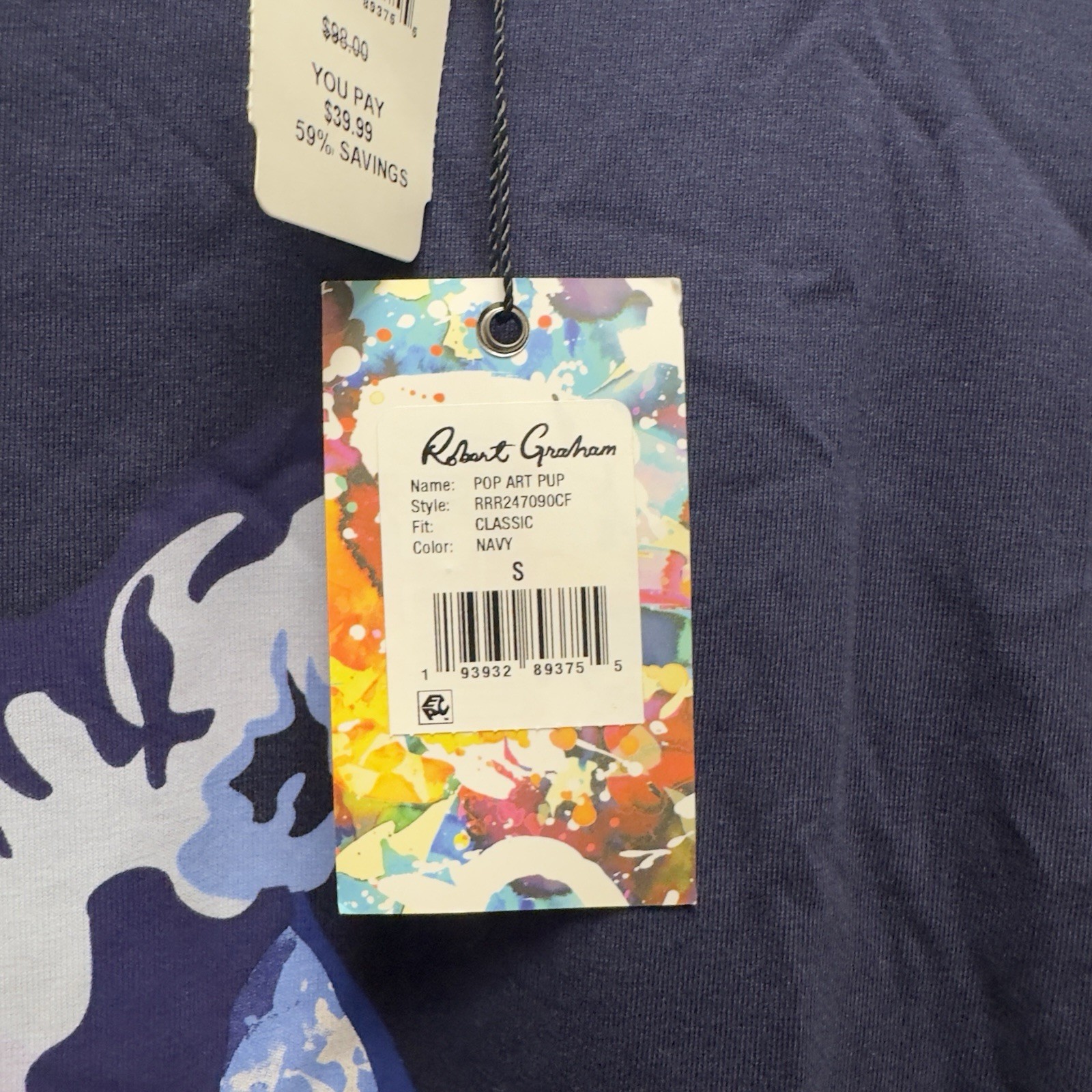 Robert Graham NEW Men's Small Classic Fit Navy Pop Art Pup Dog Crewneck T-Shirt gallery