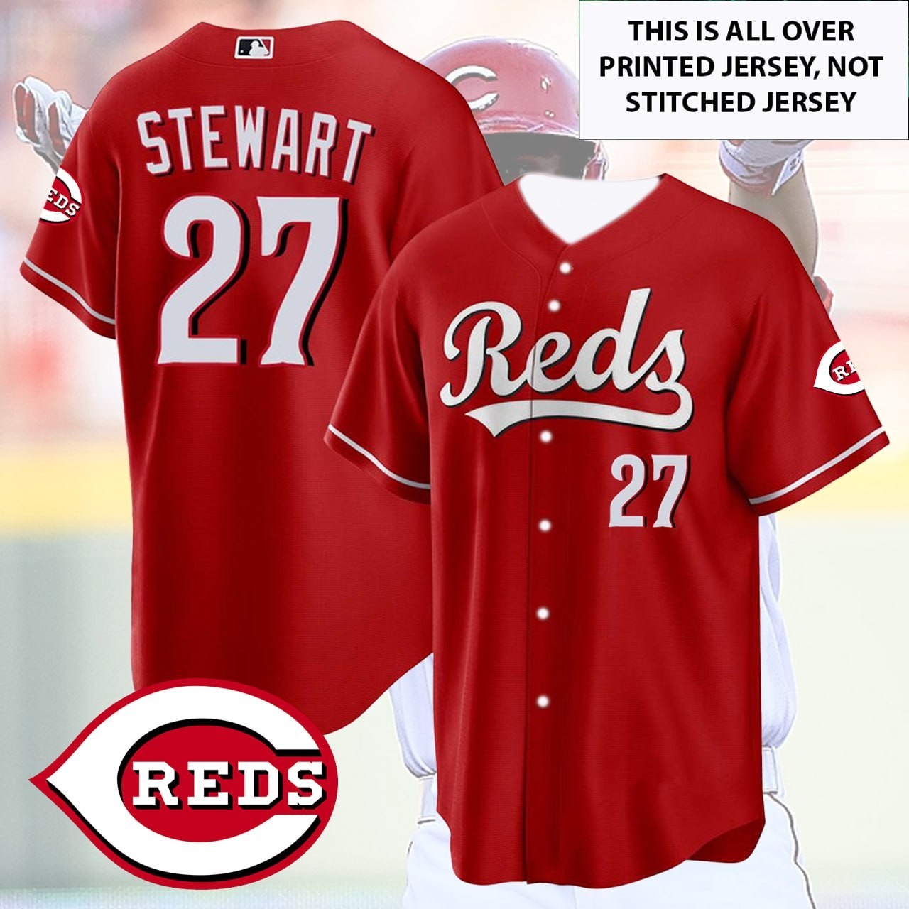 🔥Sal #27 Stewart Cincinnati Baseball Team 2026 Number & Name AOP For Fans gallery