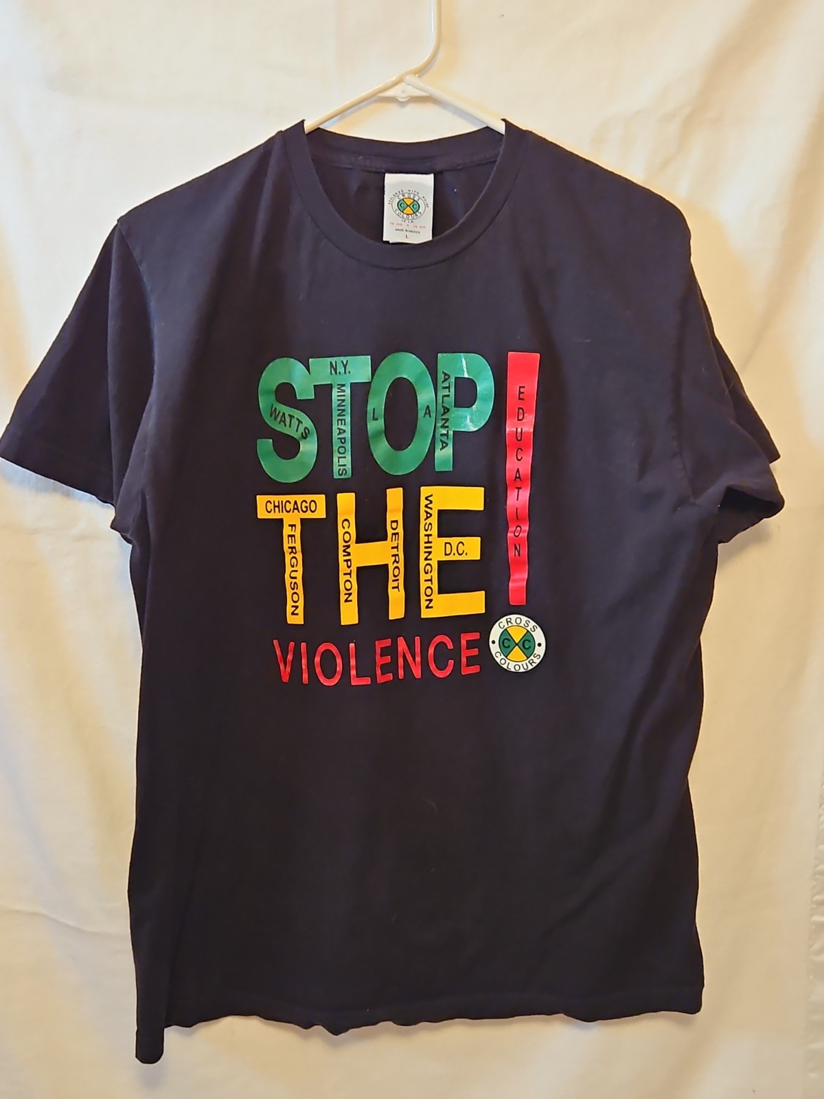 Cross Colours Stop The Violence Men L Black T Shirt Back Neck Patch Missing Tag