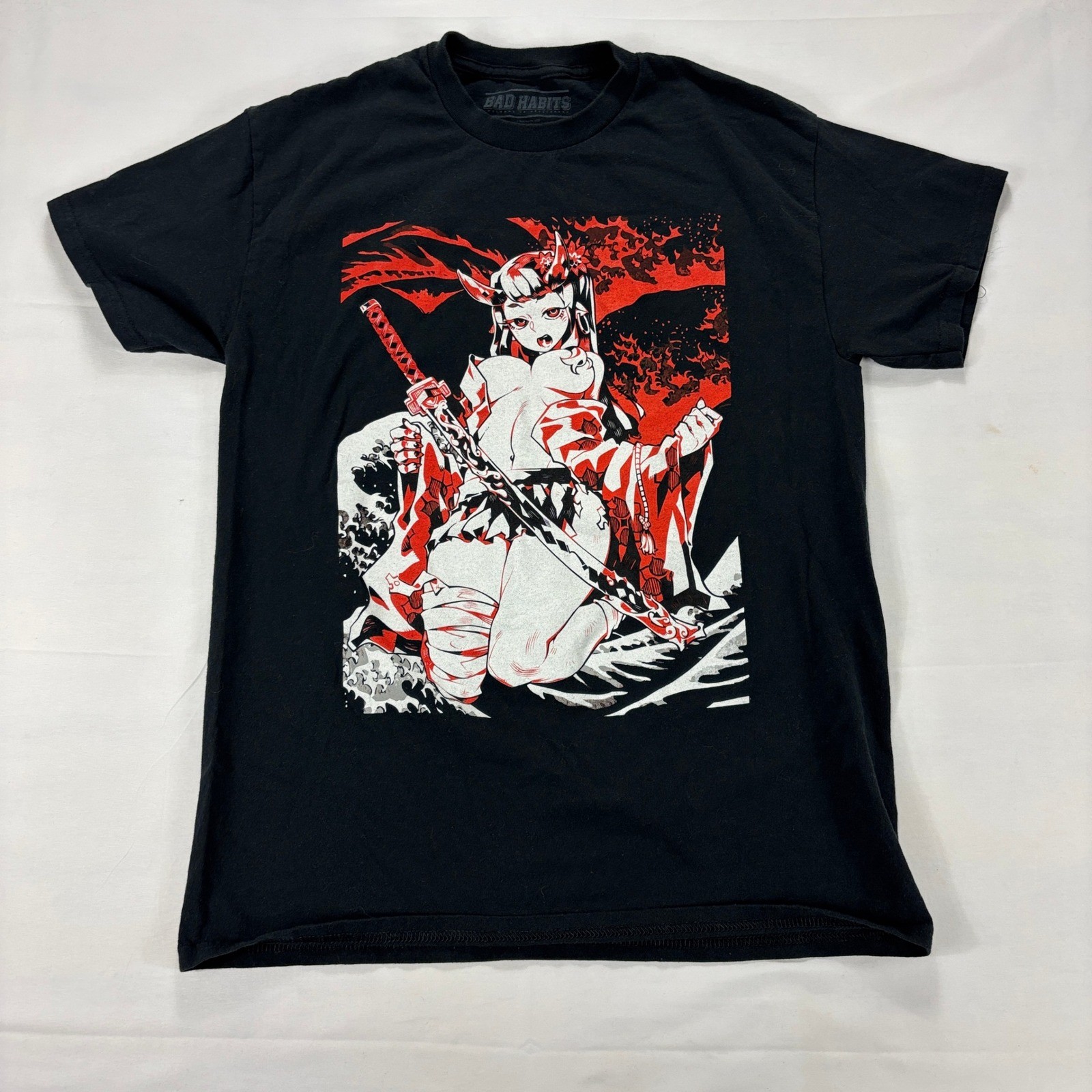 Bad Habits Anime Oni Samurai Graphic T Shirt Black Red Streetwear Size M gallery