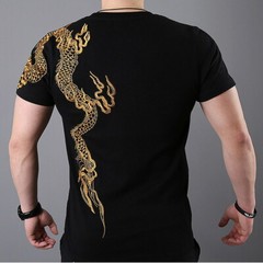 Mens Japanese Pattern Embroidery Gold Dragon T-Shirt Stretch Black Short Sleeve