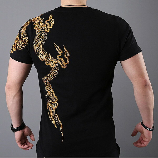 Mens Japanese Pattern Embroidery Gold Dragon T-Shirt Stretch Black Short Sleeve gallery