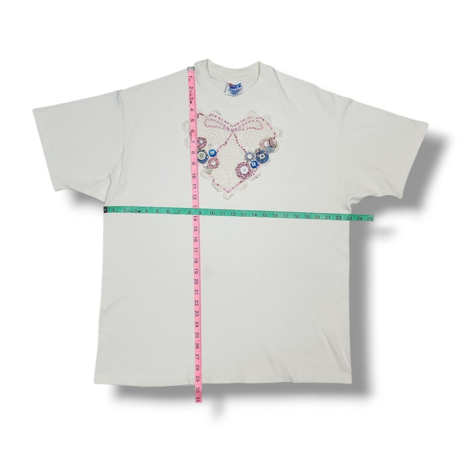 Vintage Hanes Beefy-t Crochet Heart Button Lace White 90's T-Shirt Unisex XL gallery