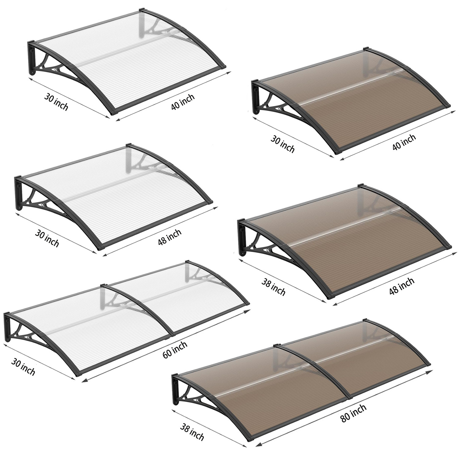 32/40/48/60/80″ Window Awning Front Door Eaves Canopy Polycarbonate Roof Cover