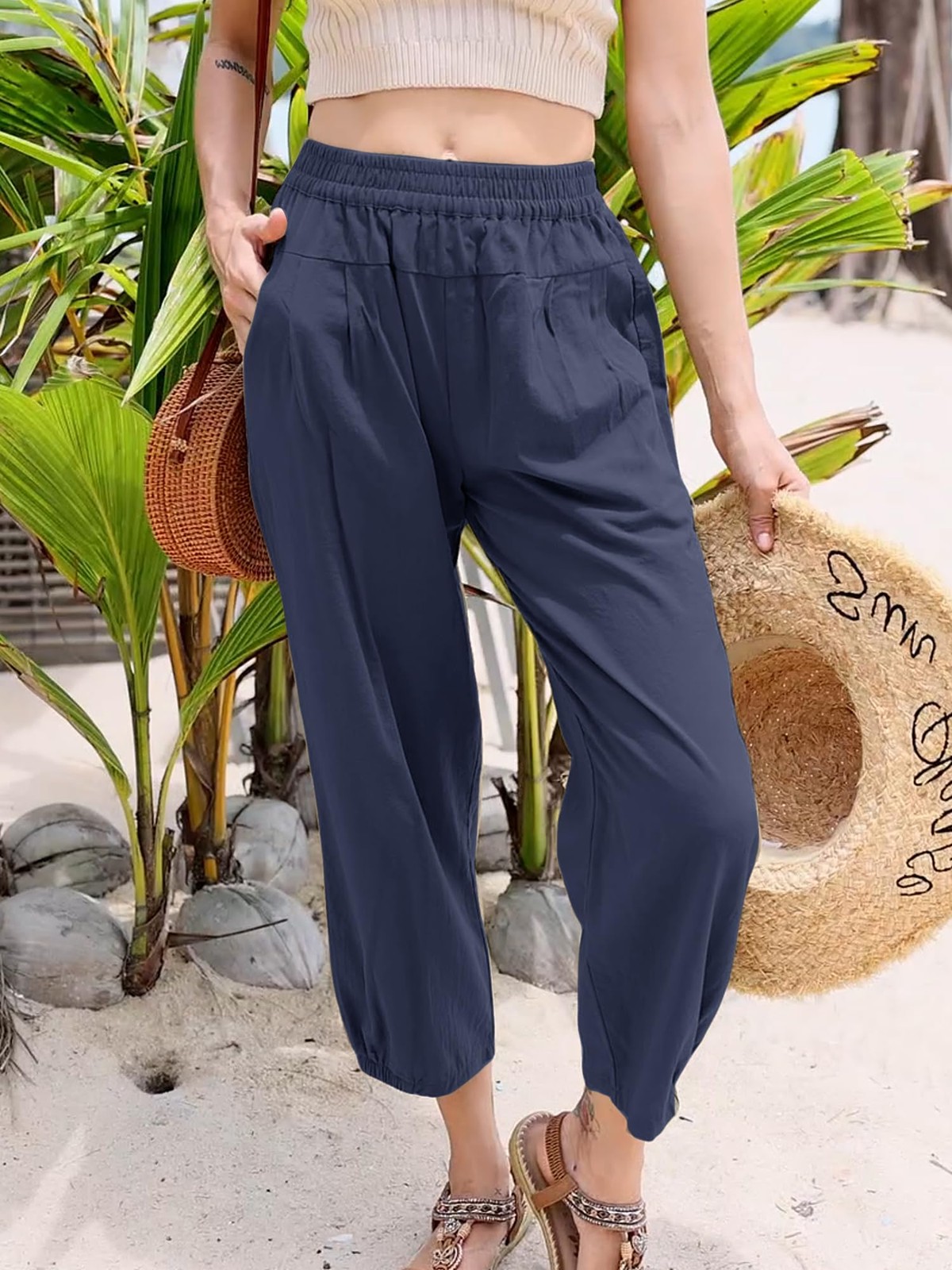 Womens Cropped Pants Cotton High Waist Wide Leg Capris Casual Harem Pants gallery