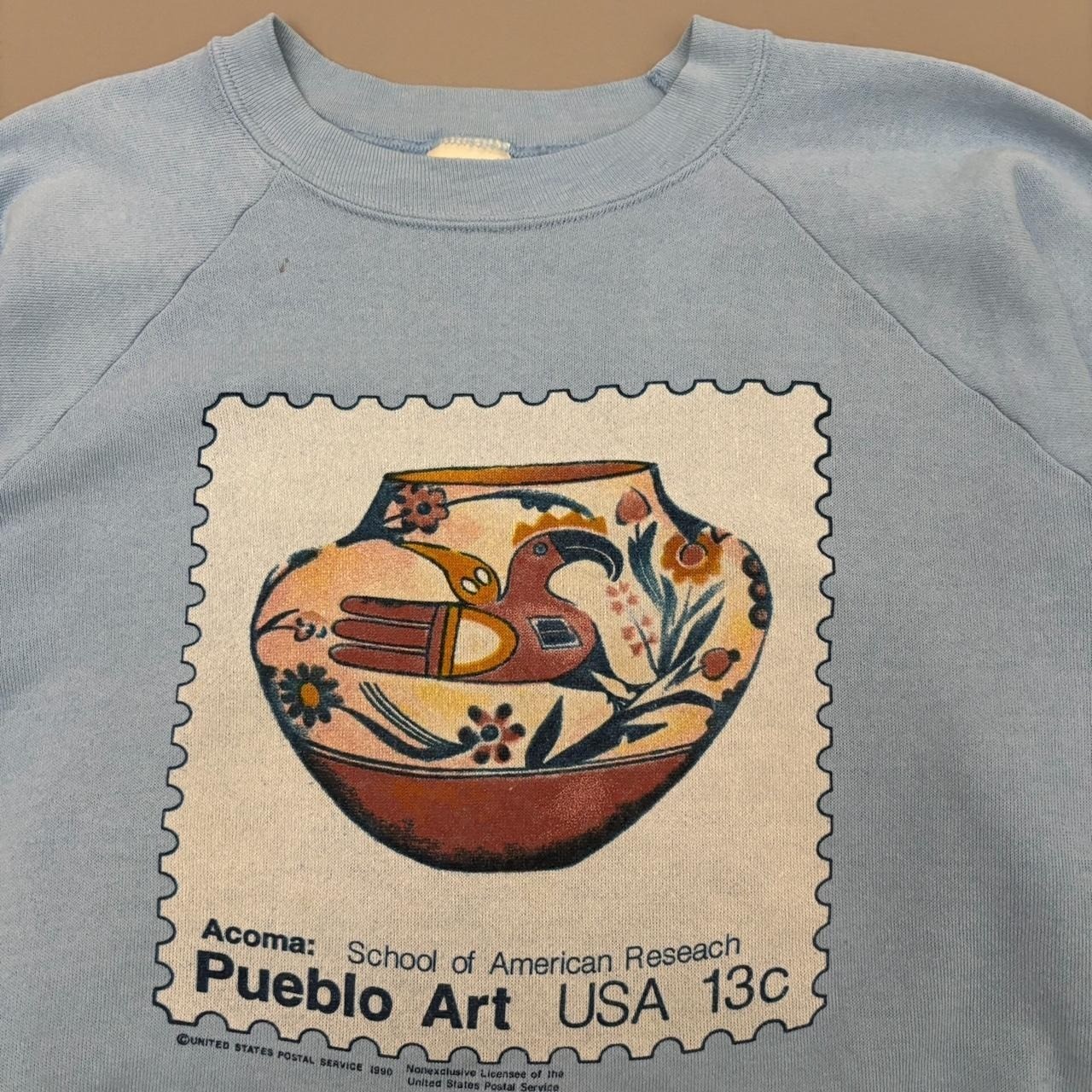 Vintage 90s Pueblo Art School Sweatshirt Blue Raglan Polycotton Painting Size L gallery