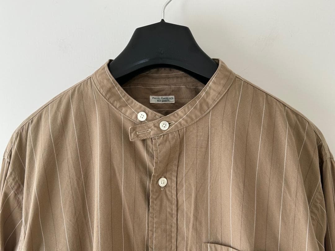 PHIGVEL 22AW Band Collar Shirt Khaki Beige Stripe Size 3 gallery