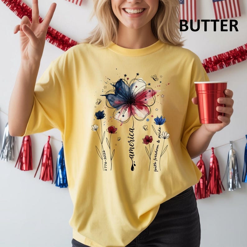 Comfort Colors American Floral Shirt Patriotic Wildflower USA 250th Tee gallery