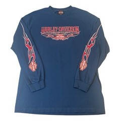 Harley Davidson Large Blue Long Sleeve Graphic T Shirt Kansas City Flames Clean