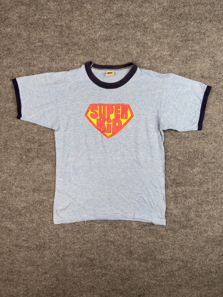 Vintage Russell Athletic Super Kid Ringer T-Shirt Made USA Blue Small