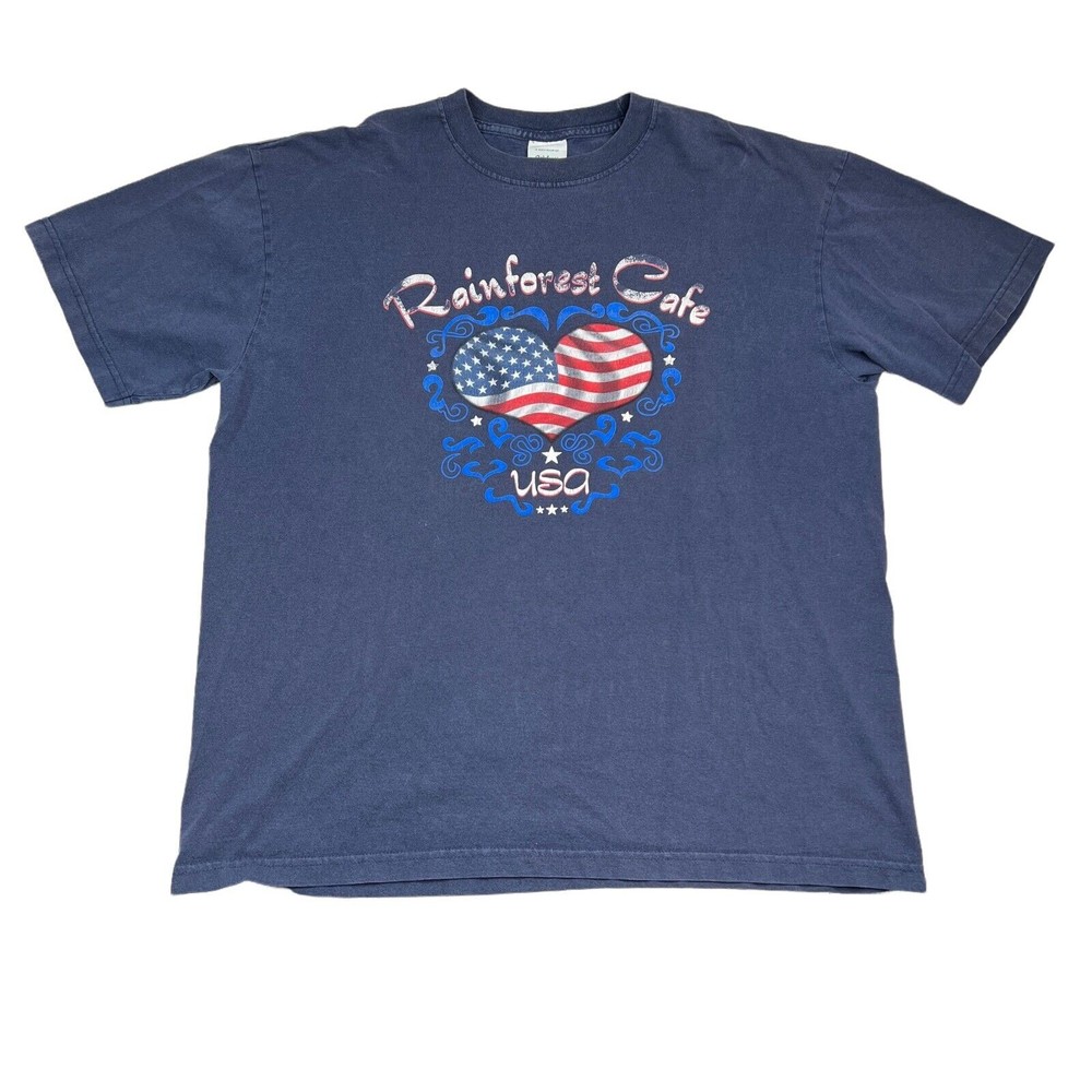 Vintage Y2K Rainforest Cafe USA Flag Heart Graphic Crew Neck T-Shirt Adult XL