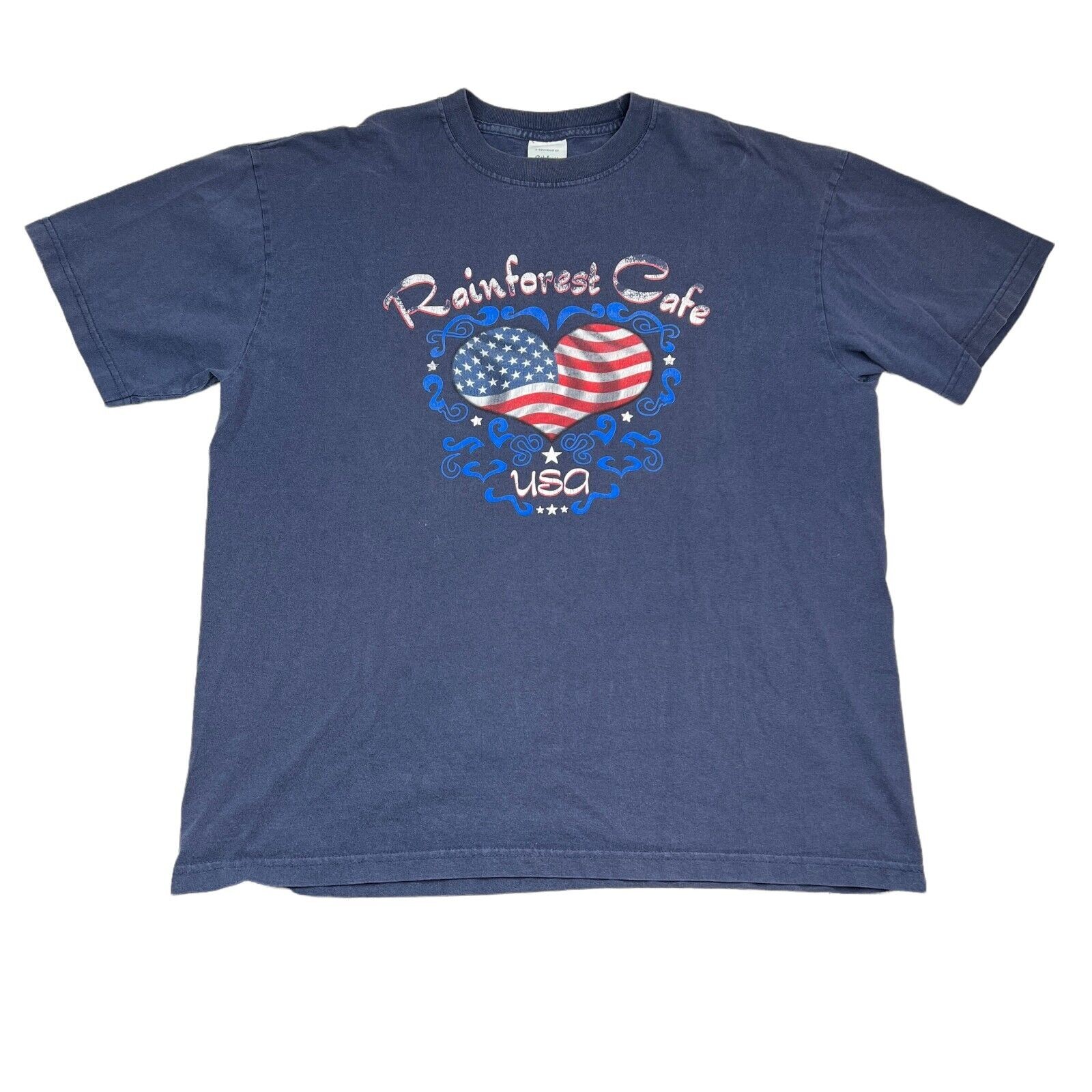 Vintage Y2K Rainforest Cafe USA Flag Heart Graphic Crew Neck T-Shirt Adult XL