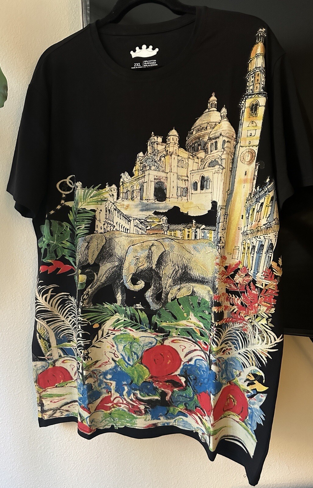 Heads or Tails Men’s Rhinestones Beaded / Black T-shirt Elephants Size 2XL gallery