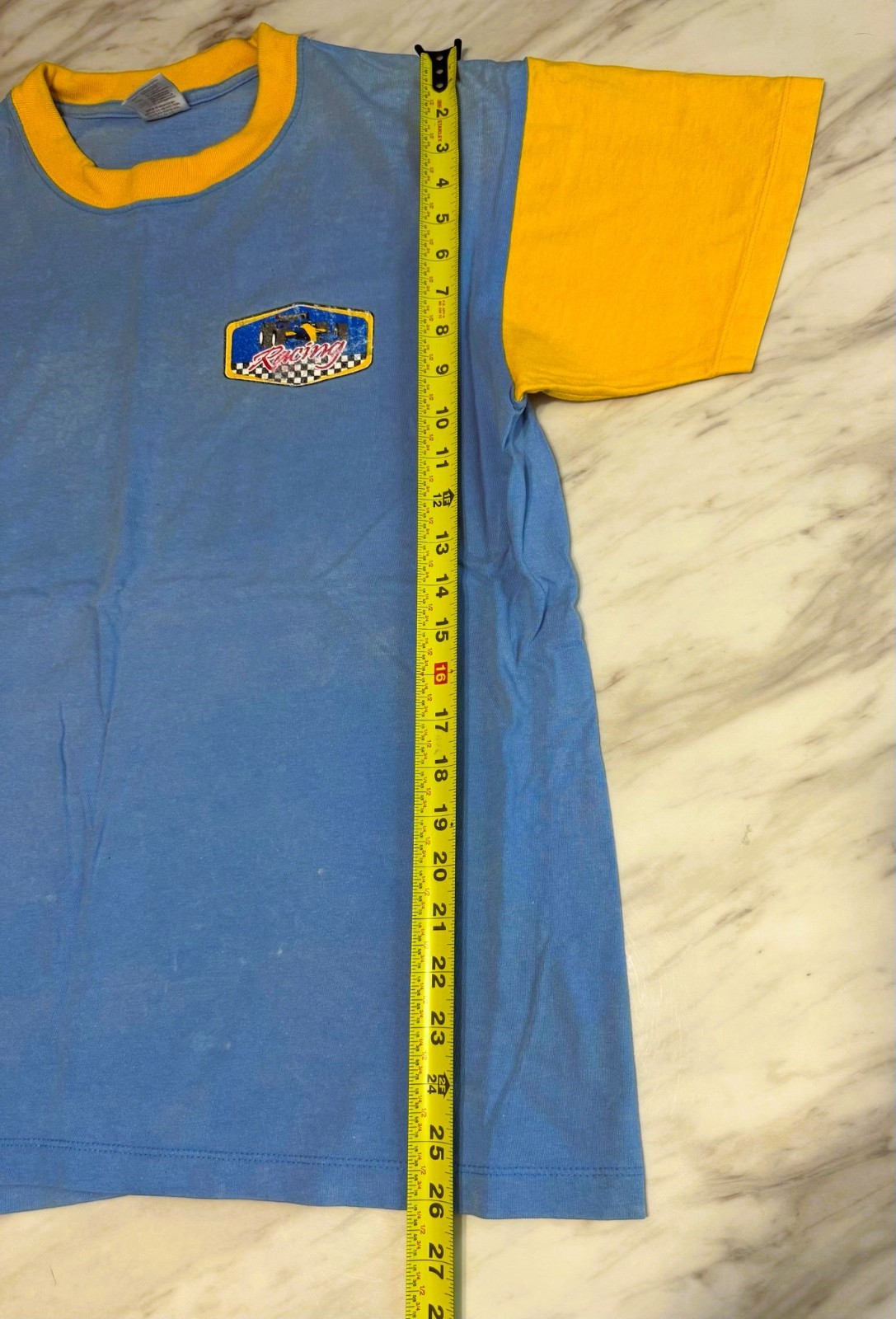 VTG Sunshine T shirt Racing Graphic Print Colorblock Blue Yellow L Short Sleeves gallery
