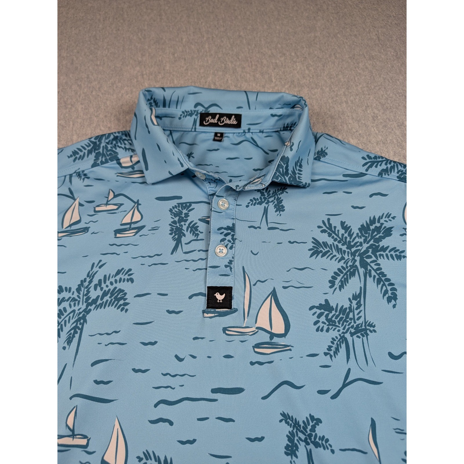 Bad Birdie Mens Golf Polo Shirt Blue Sailboat Palm Tree SS23F2-BBP001-305 M