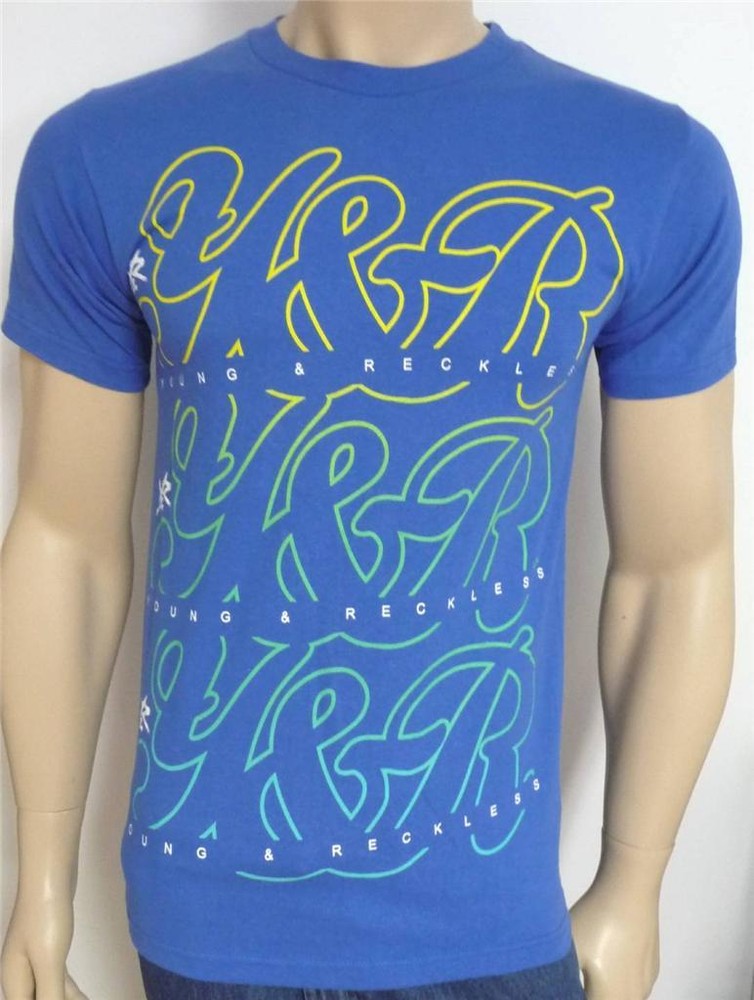 Young & Reckless Cursive Gradient Tee Mens Blue 100% Cotton T-Shirt New NWT
