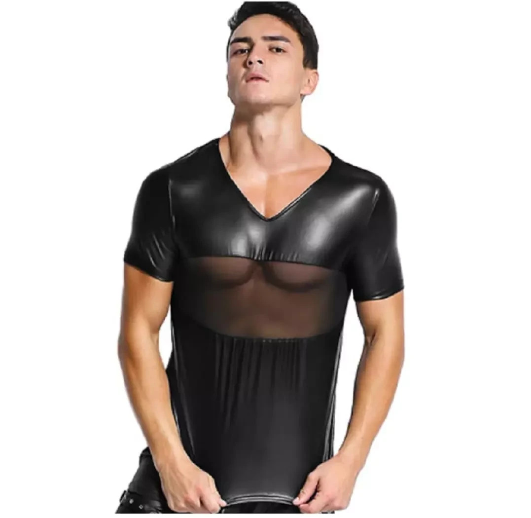 SALES Men Gay Black Wet Look Faux Leather Short Sleeve V Neck T Shirt Size L