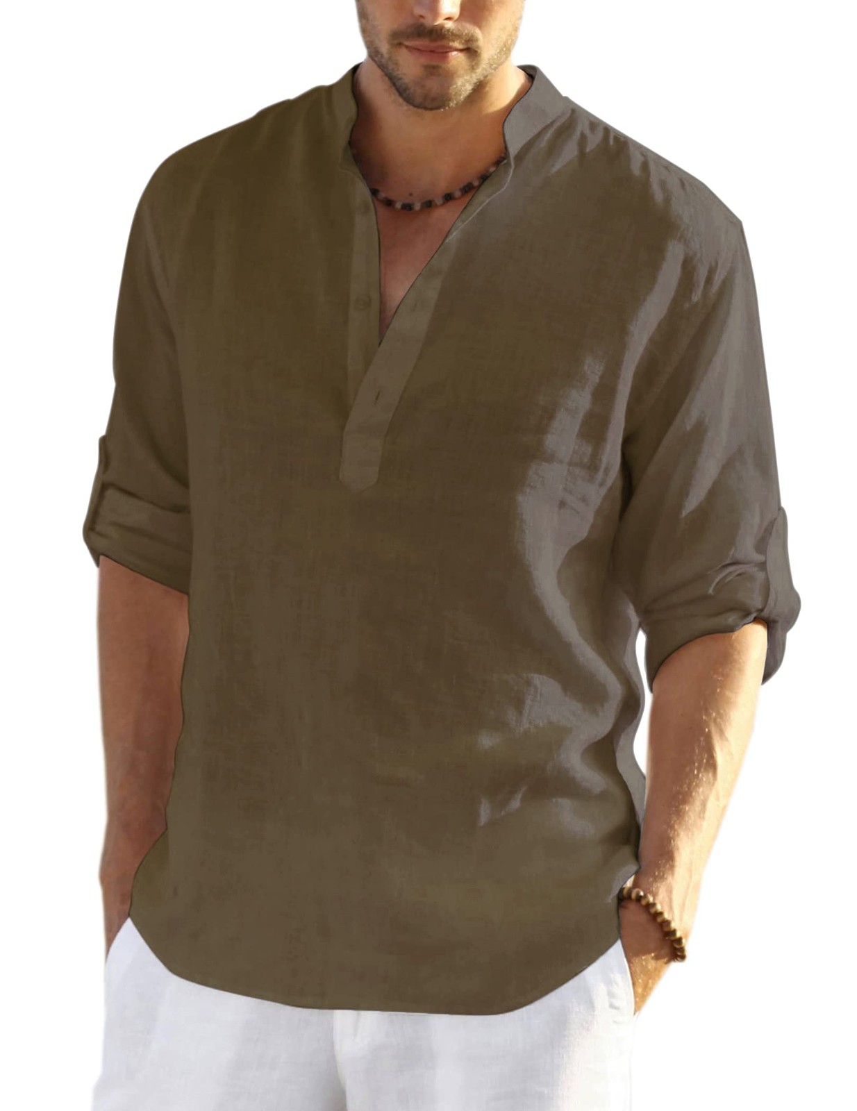 Men's Cotton Hemp Long Sleeve Casual Beach Henley Shirt(BROWN,XL) gallery