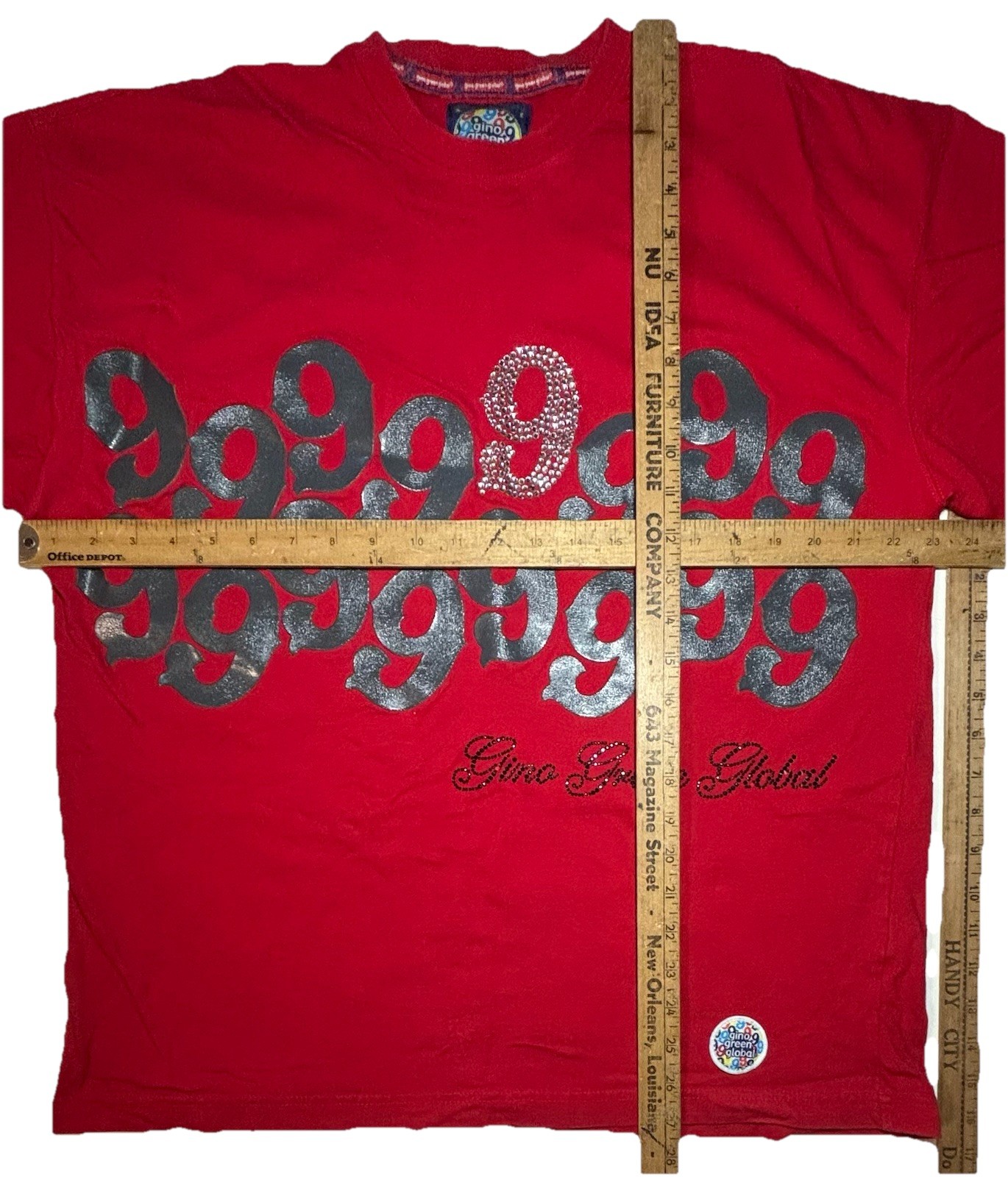 Vintage Y2K 999 Gino Green Global T Shirt Embellished Rhinestone Beaded Mens L gallery